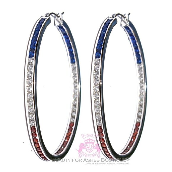 USA American Flag Independence Day 4th of July Patriotic Blue Red White Cz Hoops - Picture 1 of 4